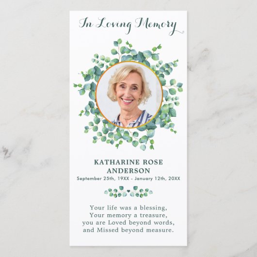 メモリアル祈りの言葉カード葬儀しおり緑 (正面)