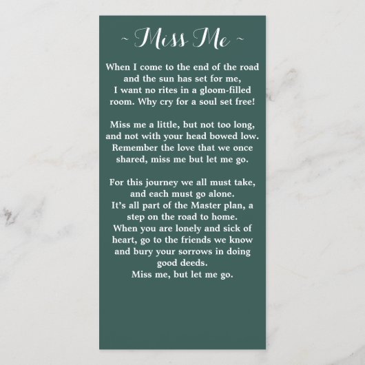 メモリアル祈りの言葉カード葬儀しおり緑 (裏面)