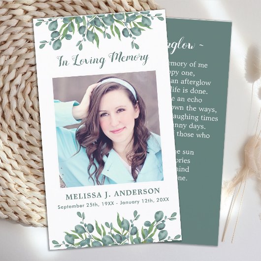 メモリアル祈りの言葉カード葬儀ユーカリ植物学 コーリングカード