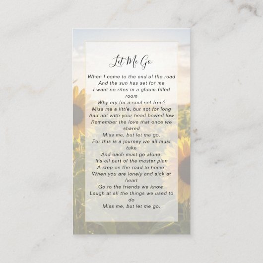 メモリアル祈りの言葉カード |ひまわり コーリングカード (裏面)