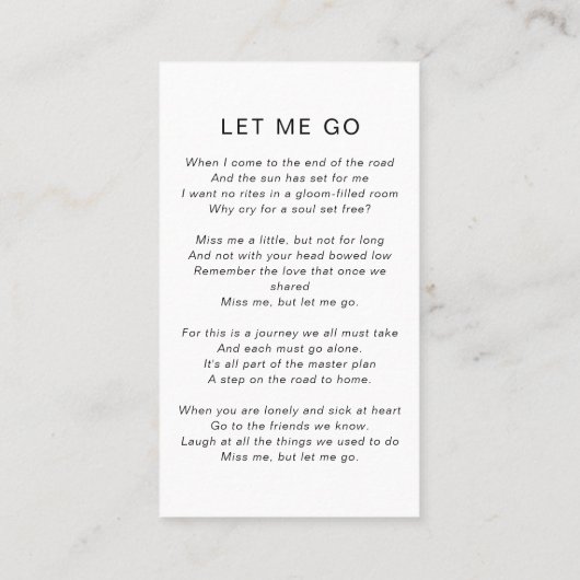 メモリアル祈りの言葉カード |愛するメモリ内 コーリングカード (裏面)