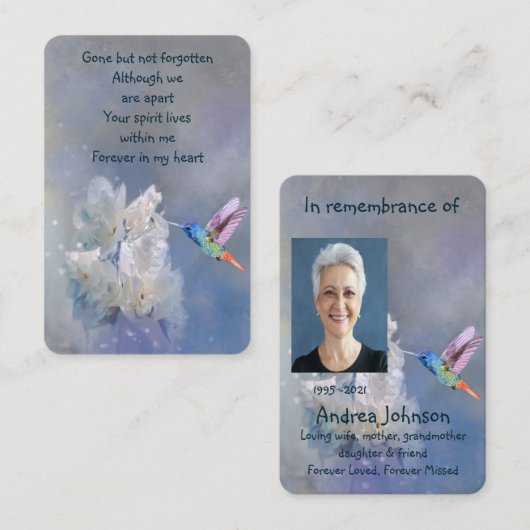 メモリアル祈りの言葉ハミングバードホワイトフラワーズブー 名刺 (正面/裏面)