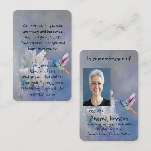 メモリアル祈りの言葉ハミングバードホワイト花 名刺 (正面/裏面)