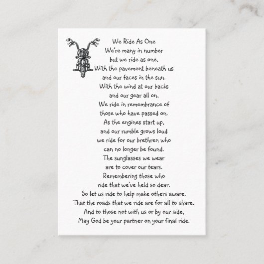 メモリアル祈りの言葉バイクバイクもしくは自転車に乗る人 名刺 (正面)