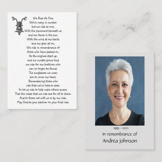 メモリアル祈りの言葉バイクバイクもしくは自転車に乗る人 名刺 (正面/裏面)