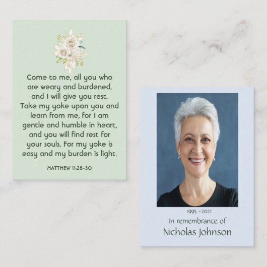 メモリアル祈りの言葉ホワイトローゼズガーデンブーケ 名刺 (正面/裏面)