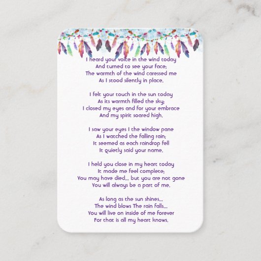 メモリアル祈りの言葉羽毛ボーホトライバル先住民 名刺 (正面)