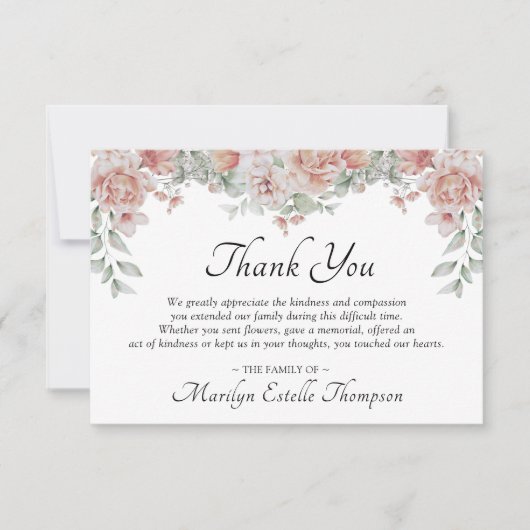 メモリアル葬儀ピンクフローラ水彩写真 サンキューカード (正面)