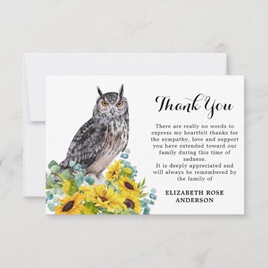 メモリアル葬儀フクロウひまわり悔やみや弔慰 サンキューカード (正面)