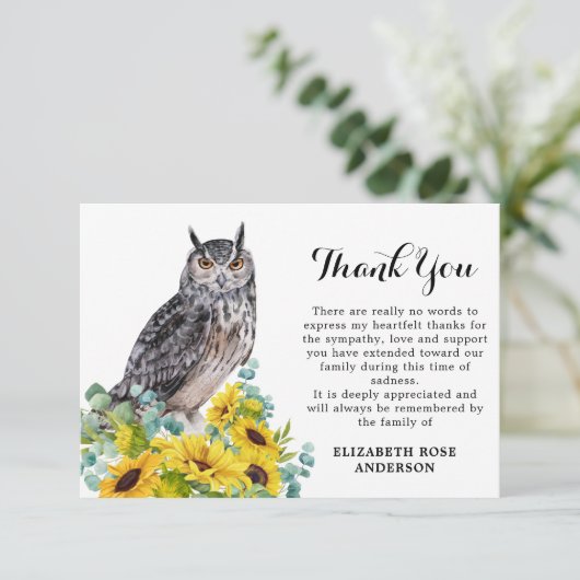 メモリアル葬儀フクロウひまわり悔やみや弔慰 サンキューカード (スタンド正面)