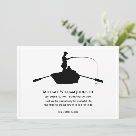 メモリアル葬儀ブラックアンドホワイトフォーエバー魚釣り サンキューカード (スタンド正面)