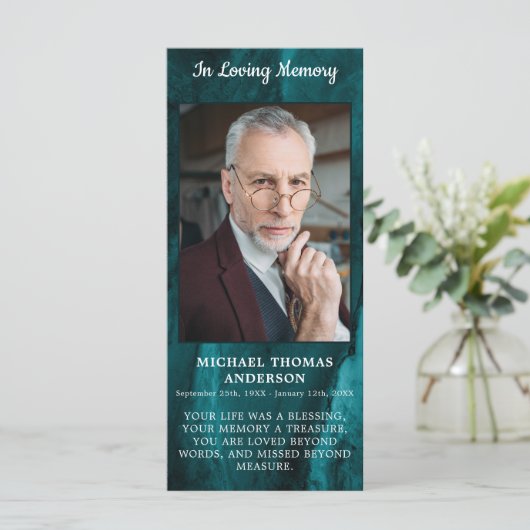 メモリアル葬儀祈りの言葉カードフォトエメラルドグリーン (スタンド正面)