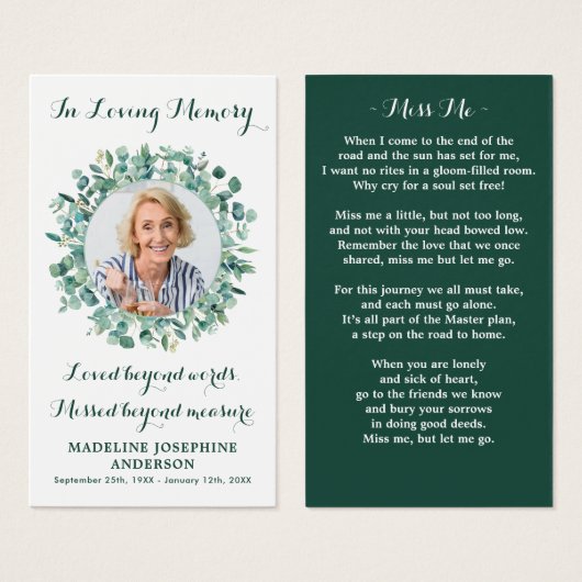 メモリアル葬儀祈りの言葉カードユーカリ緑 (正面&裏面)