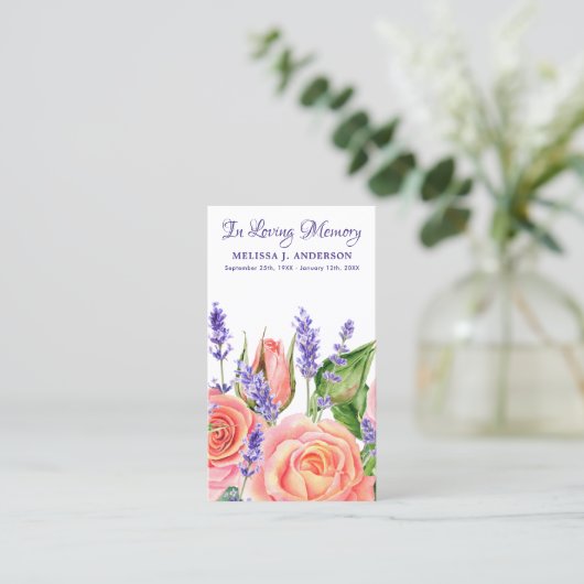 メモリアル葬儀祈りの言葉カードラベンダーピーチバラ コーリングカード (スタンド正面)