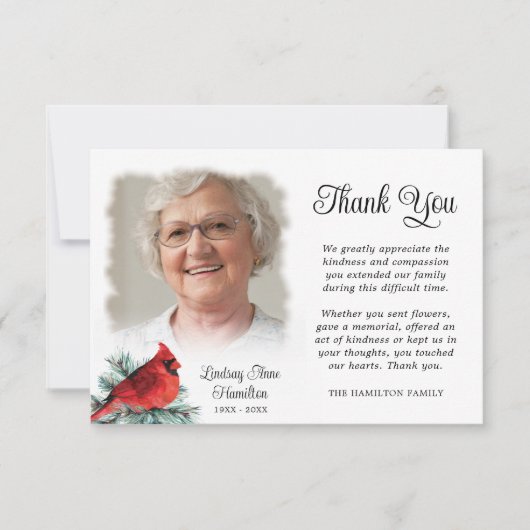 メモリアル赤（鳥）ショウジョウコウカンチョウエバーグリーン2枚ありがとう サンキューカード (正面)