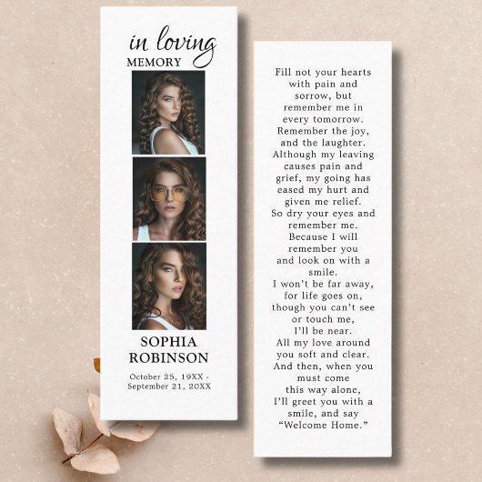 メモリアル3フォトコラージュ葬儀祈りの言葉カード スキニー名刺