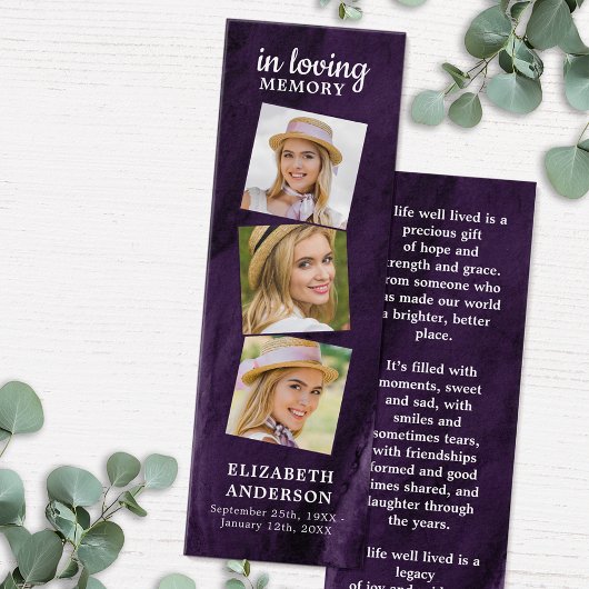 メモリアル3フォトパープル葬儀祈りの言葉ブックマーク