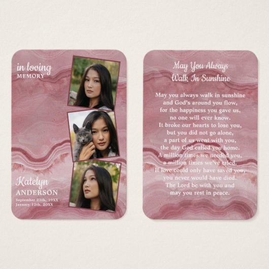 メモリアル3フォトピンク大理石葬式祈りの言葉カード (正面&裏面)