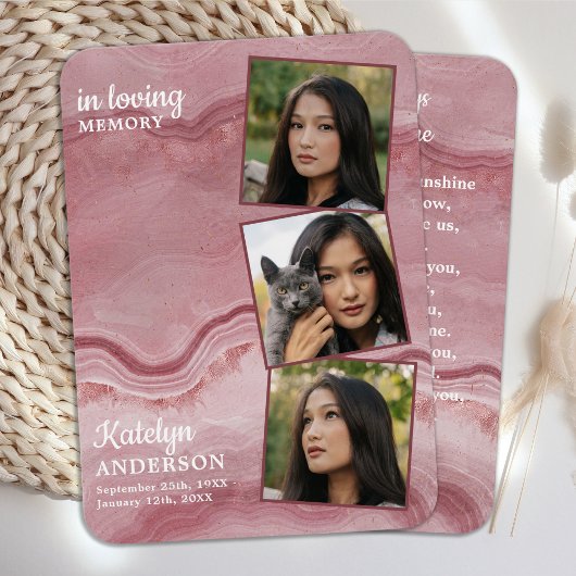 メモリアル3フォトピンク大理石葬式祈りの言葉カード