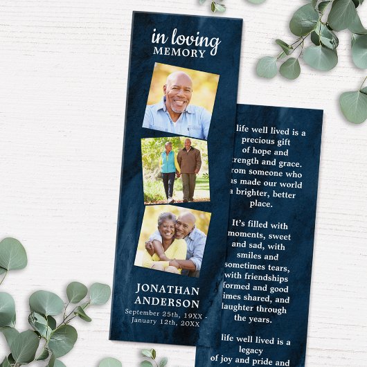 メモリアル3フォトブルー葬儀祈りの言葉ブックマーク