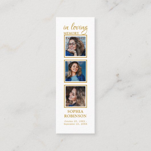 メモリアル3フォト金ゴールド葬儀祈りの言葉ブックマーク スキニー名刺 (正面)