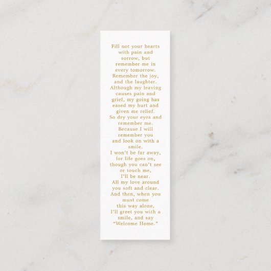 メモリアル3フォト金ゴールド葬儀祈りの言葉ブックマーク スキニー名刺 (裏面)