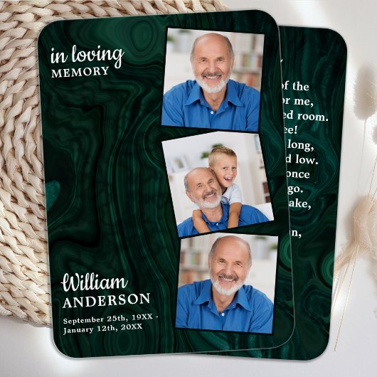 メモリアル3写真葬式祈りの言葉カードエメラルドグリーン