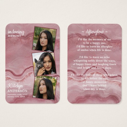 メモリアル3写真葬式祈りの言葉カードバラピンク (正面&裏面)