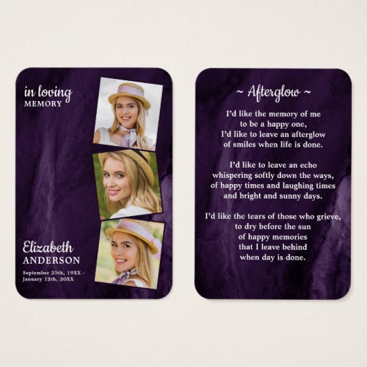 メモリアル3写真葬式祈りの言葉カードパープルマーブル (正面&裏面)