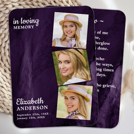 メモリアル3写真葬式祈りの言葉カードパープルマーブル