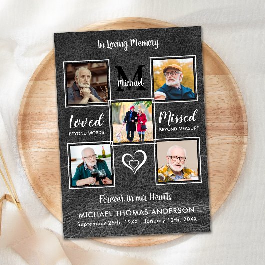 メモリアル5フォトヴィンテージレザー悔やみや弔慰葬儀 サンキューカード