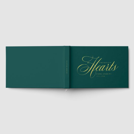 メモリアル「永遠に私たちのハート」金ゴールドフォイル、緑 ゲストブック (全面)