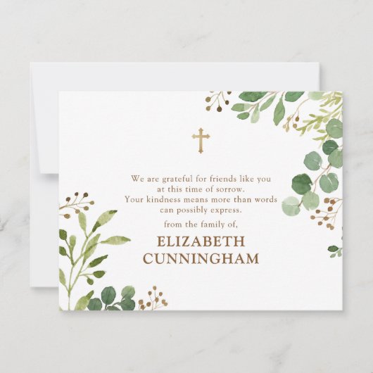 メモリモダンアル水彩の葉の金ゴールドクロス サンキューカード (正面)