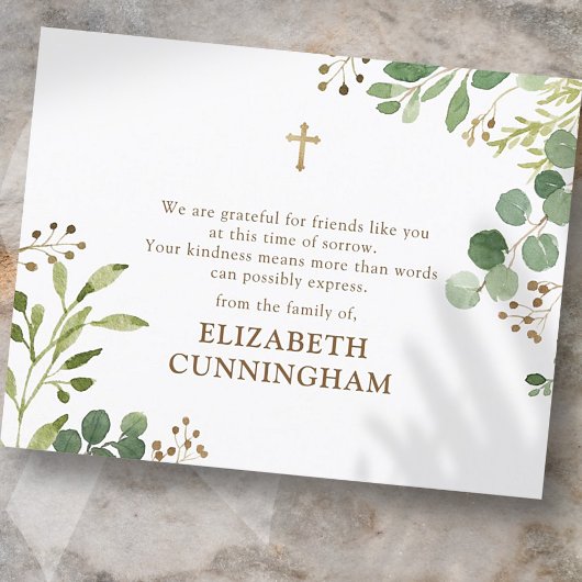 メモリモダンアル水彩の葉の金ゴールドクロス サンキューカード