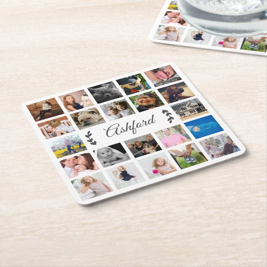 メモリモダンーズ22フォトコラージュ&カスタム文字 スクエアペーパーコースター (アングル)