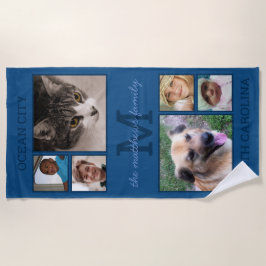 メモリーズクラシックブルーモノグラム6フォトコラージュ ビーチタオル