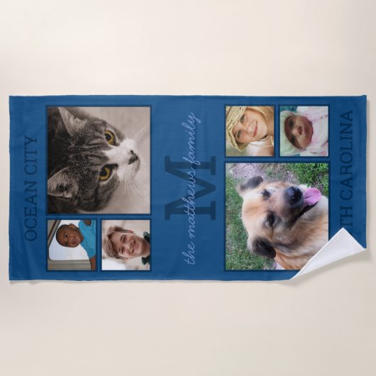 メモリーズクラシックブルーモノグラム6フォトコラージュ ビーチタオル (正面)