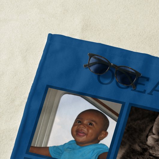 メモリーズクラシックブルーモノグラム6フォトコラージュ ビーチタオル (インサイチュ)