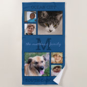 メモリーズクラシックブルーモノグラム6フォトコラージュ ビーチタオル (正面)