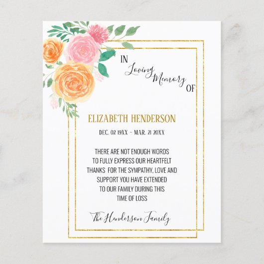 メモリ内の予算/サンキューカード悔やみや弔慰。 チラシ (正面)