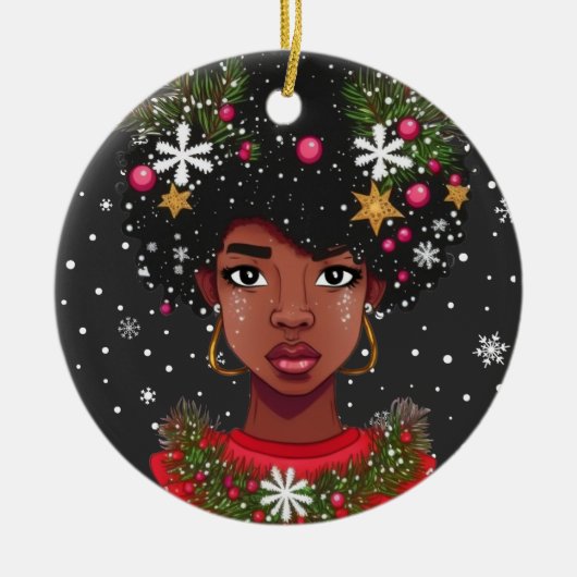 メラニンクリスマス魔法ブラックガールウィメンシエスタ セラミックオーナメント (正面)