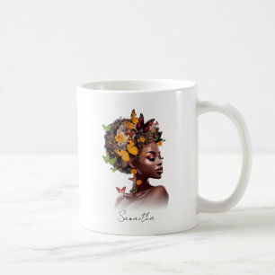 メラニン魔法:アフロヘアとカラフル蝶 コーヒーマグカップ