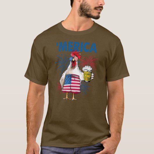 メリカおもしろいチキンとビールUSA国旗4日 Tシャツ (正面)