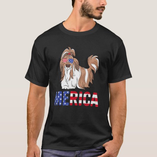 メリカアメリカ国旗シーズー(犬)津犬サングラス愛国心4t tシャツ (正面)