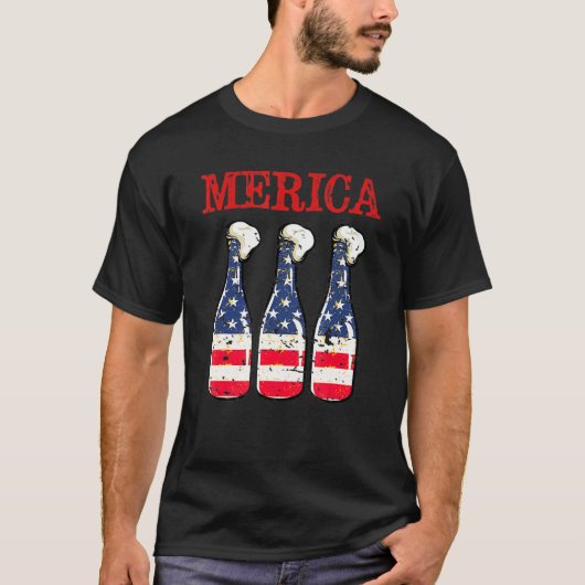 メリカアメリカ国旗7月4日ビール飲み3 Tシャツ (正面)
