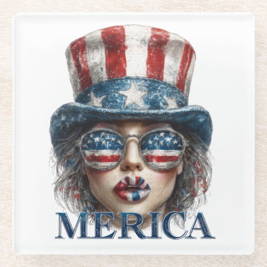 メリカガール7月4日グラムガールと星 ガラスコースター (正面)