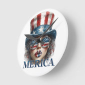 メリカガール7月4日グラムガールと星 ラウンド壁時計 (傾斜)