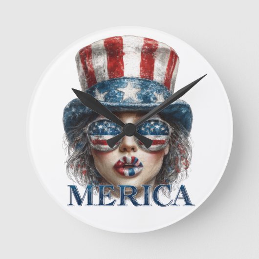 メリカガール7月4日グラムガールと星 ラウンド壁時計 (正面)