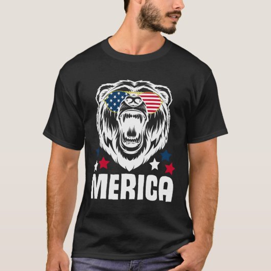 メリカサングラス7月4日アメリカ国旗Bear Desi Tシャツ (正面)