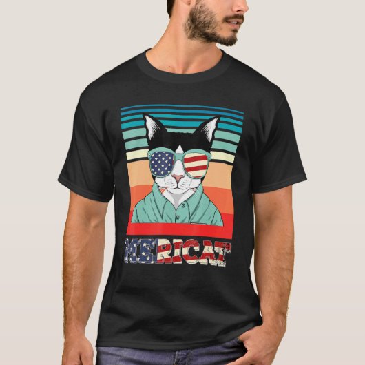 メリカット 7月4日 アメリカ独立記念日 猫 アメリカ国旗 Tシャツ (正面)